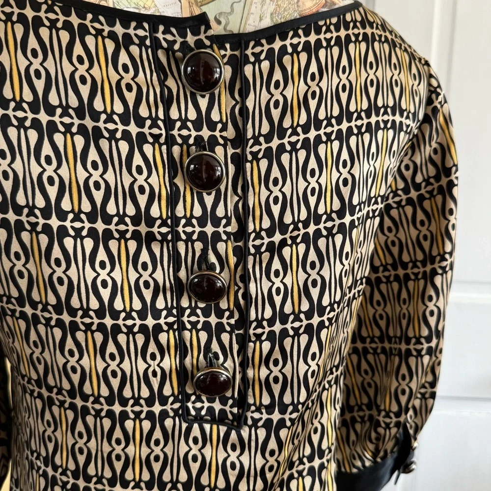 Claude Brown 100% Silk Black and Cream Patterned Women's Shift Dress 2 - Picture 6 of 13